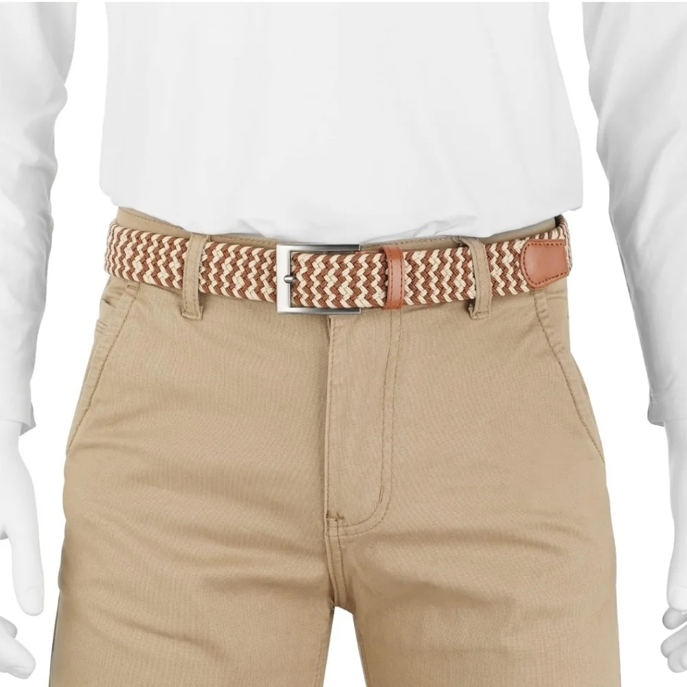 Adjustable From 44"-48" Waist Woven Belt Tan Cream Colored Silver Hardware - Picture 4 of 5